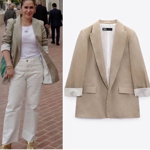 ZARA Khaki Blazer with Rolled-Up Sleeves Size Medium - Picture 3 of 6